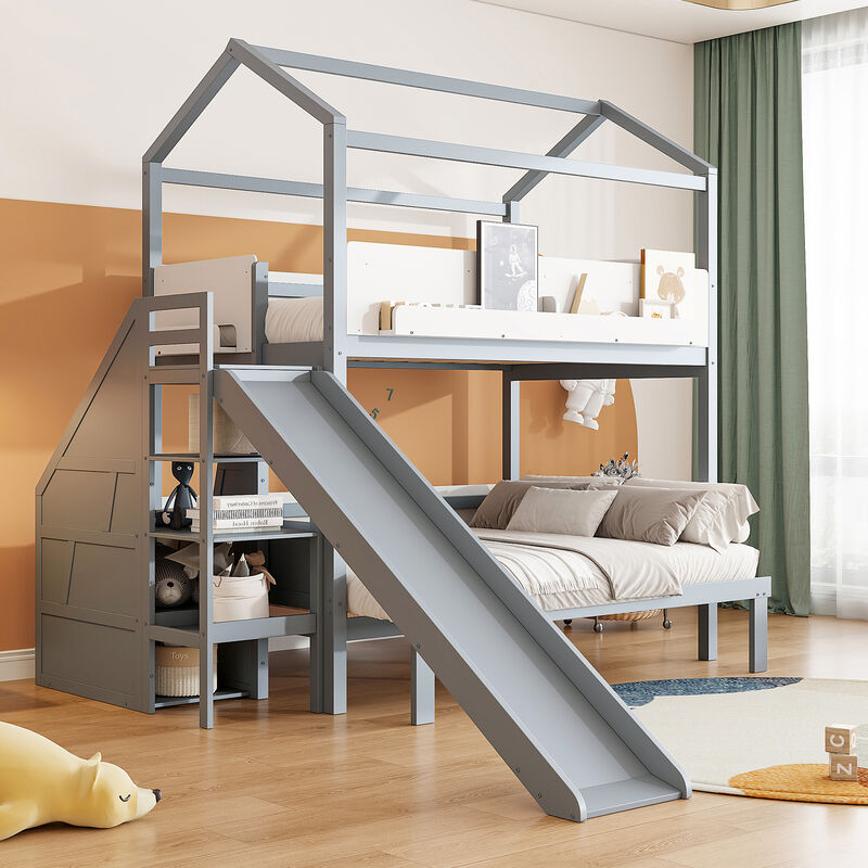 Merax Twin Over Twin/Full House Bunk Bed with Slide & Storage Guardrails image number 2