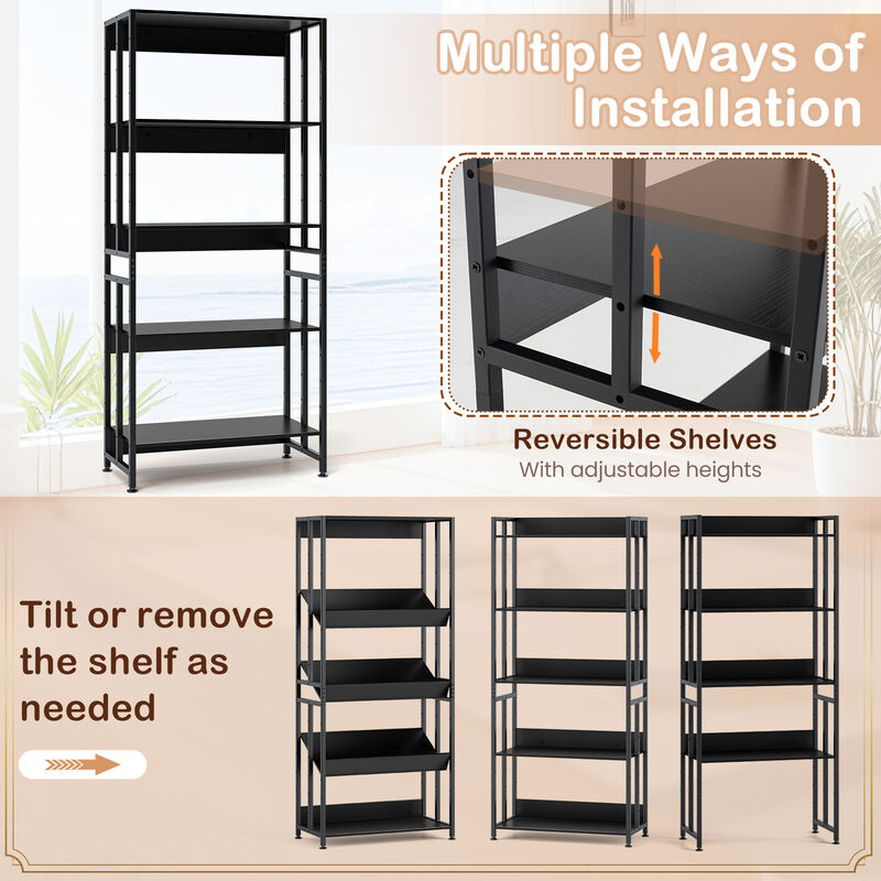 Versatile 5-Tier Bookshelf with Tiltable and Adjustable Shelves – Organize with Ease