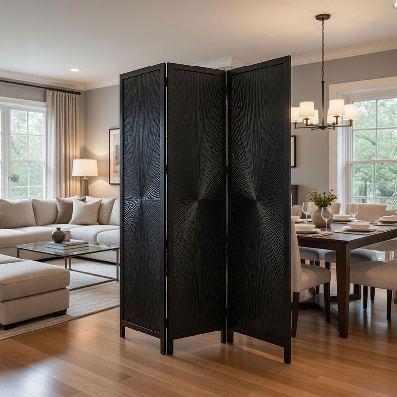 Cava 3 Panel Folding Room Divider Screen, Sunburst Design, Black Mango Wood, 72" H image number 8