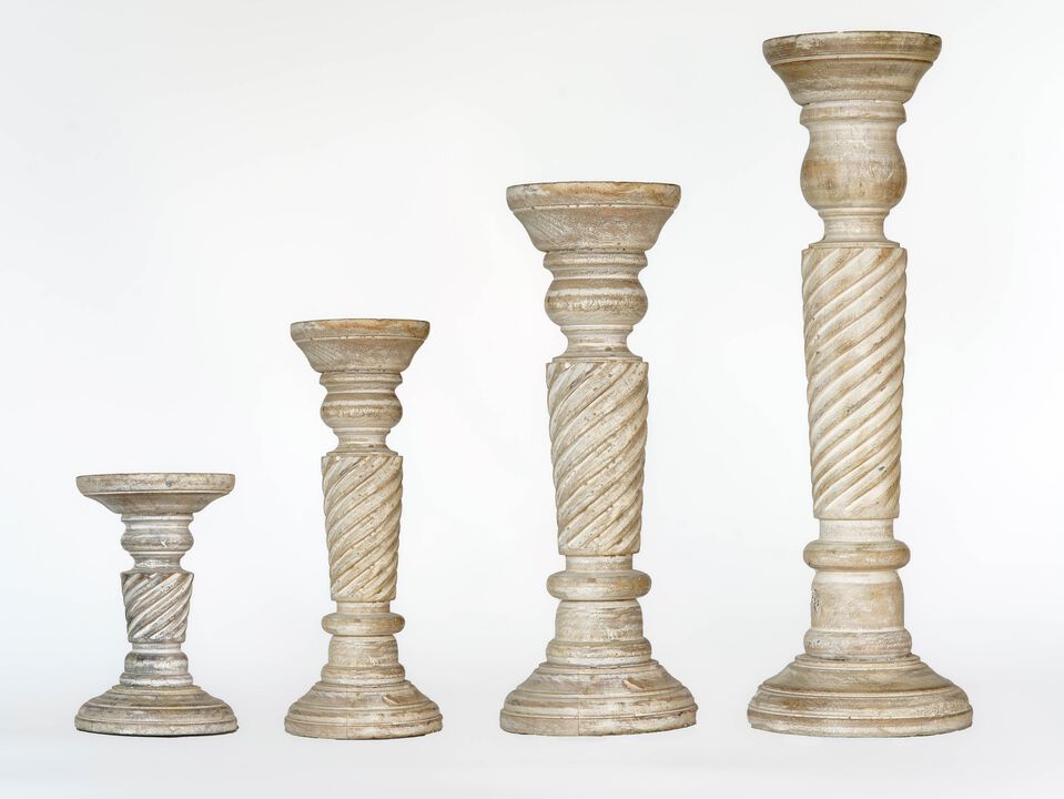 Traditional Antique White Eco-friendly Handmade Mango Wood Set Of Four 6",9",12" & 15" Pillar Candle Holder BBH Homes