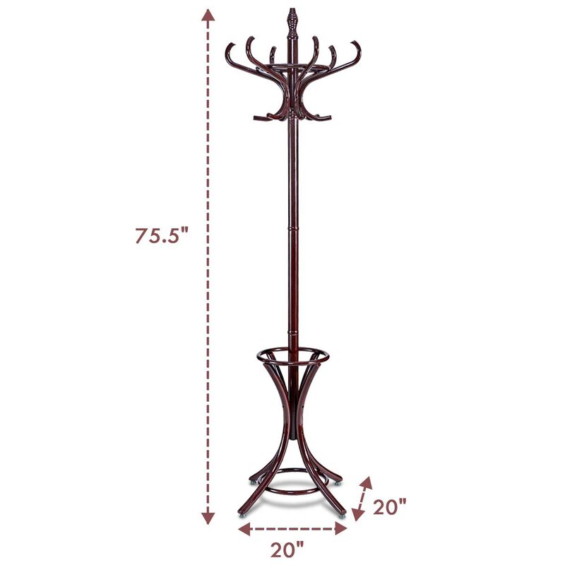 Freestanding Wooden Coat Rack with 12 Hooks and Built-In Umbrella Stand