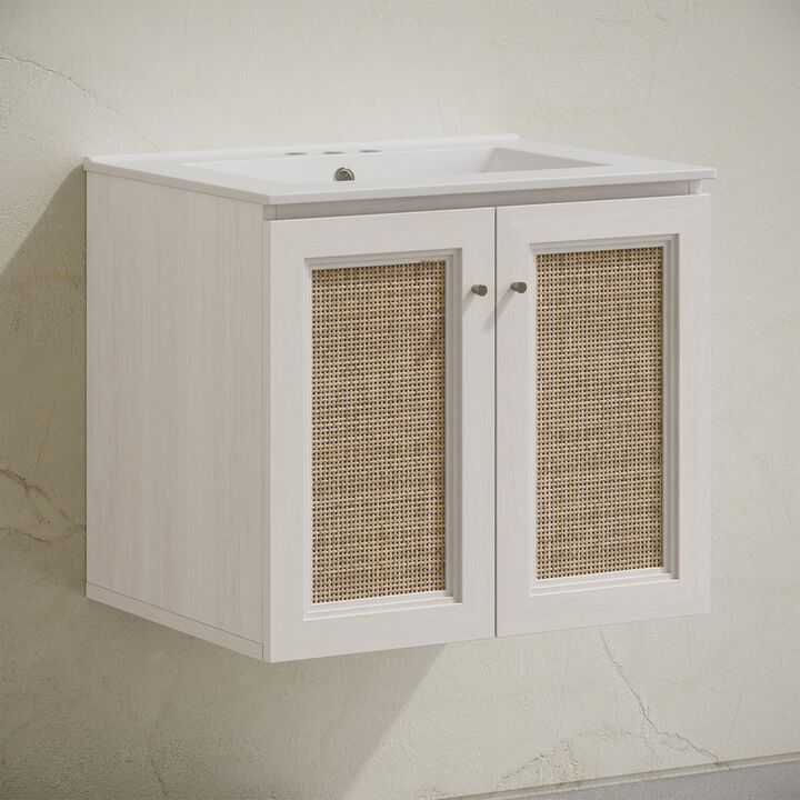 24" Wall-Mounted Bathroom Vanity in White Oak, Centerset Faucet Holes Vanity Top