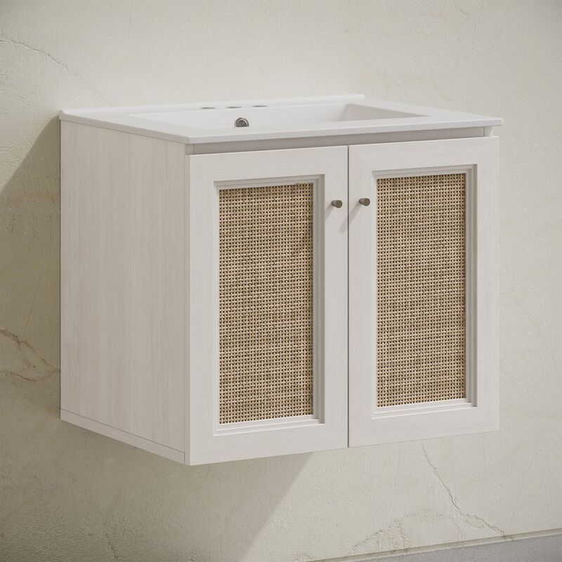 24" Wall-Mounted Bathroom Vanity in White Oak, Centerset Faucet Holes Vanity Top image number 1