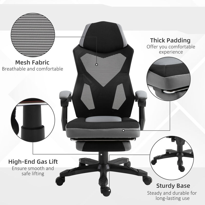 Vinsetto Ergonomic Home Office Chair High Back Armchair Computer Desk Recliner with Footrest, Mesh Back, Lumbar Support and Wheels, Grey
