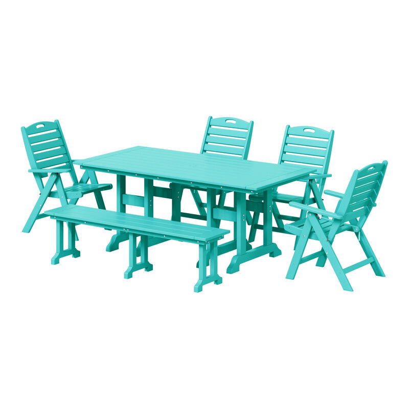 WestinTrends 6-Piece HDPE Rectangular Patio Dining Table Set with Foldable Chairs and Patio Bench