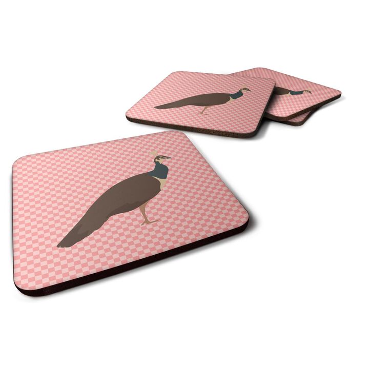 Caroline's Treasures Indian Peahen Peafowl Pink Check Decorative Coasters, 3.5, Multicolor