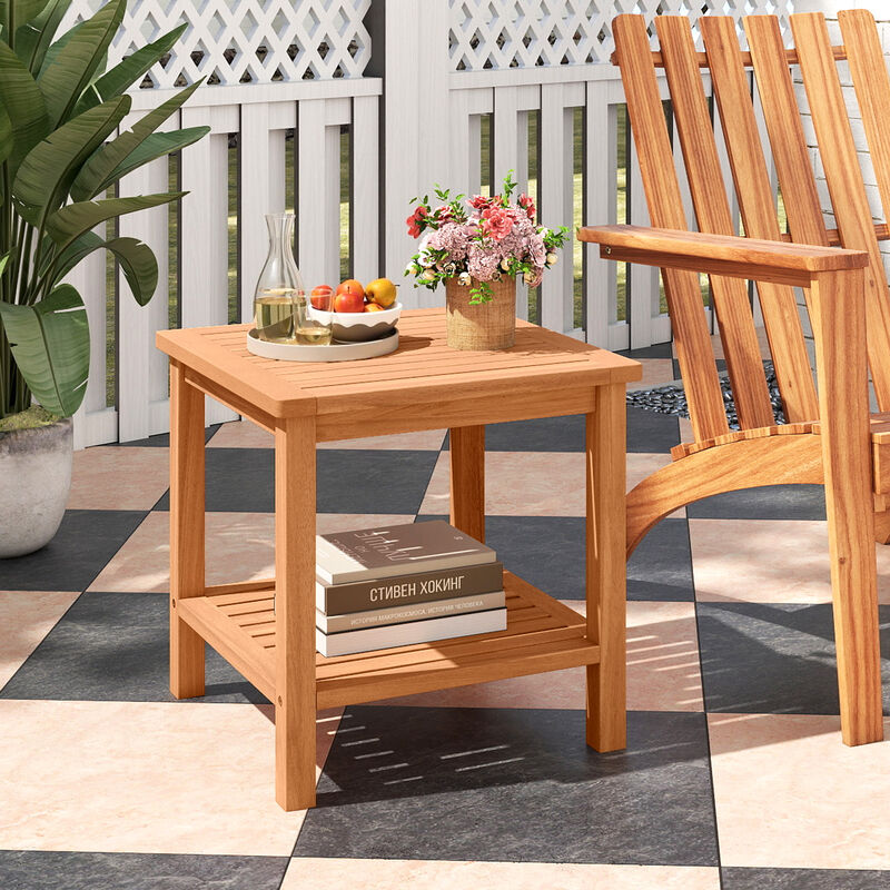 Set of 2 Acacia Wood Patio Side Tables with Slatted Tabletop and Storage Shelf image number 5