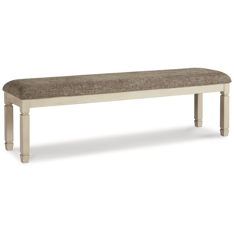 65 Inch Two Tone Dining Bench, Woven Fabric Cushion, Vintage White Wood - Benzara