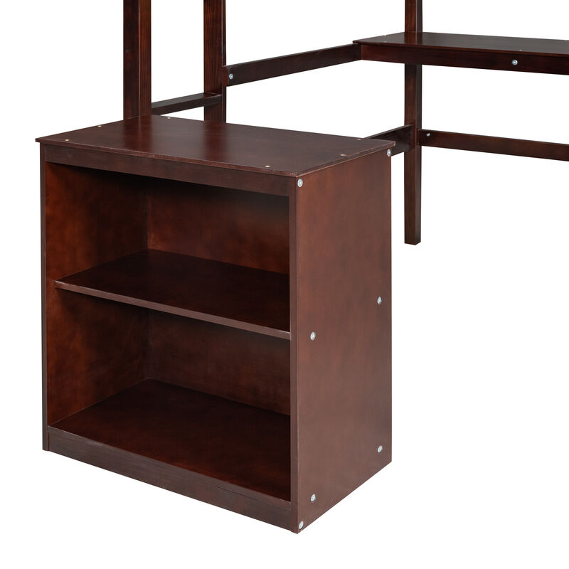 Whisen Twin Size Wooden Loft Bed with Desk, 2 Drawers Cabinet and Writing Board