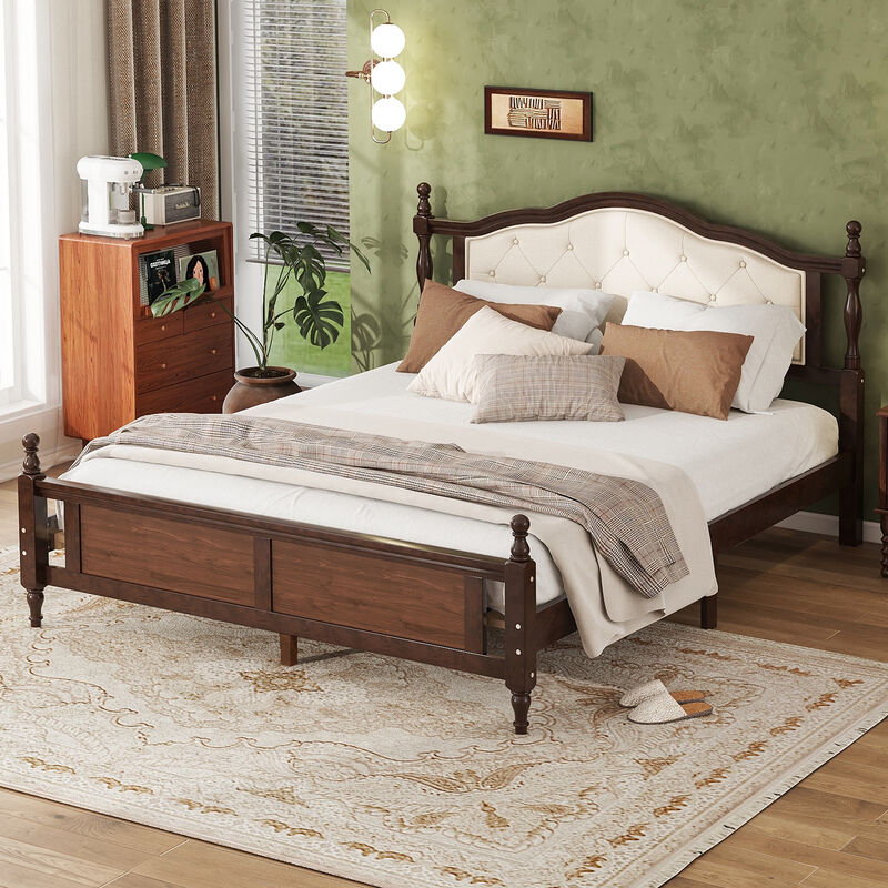 Pine Wood Contemporary Platform Bed with Upholstered Headboard and Panel Footboard image number 2