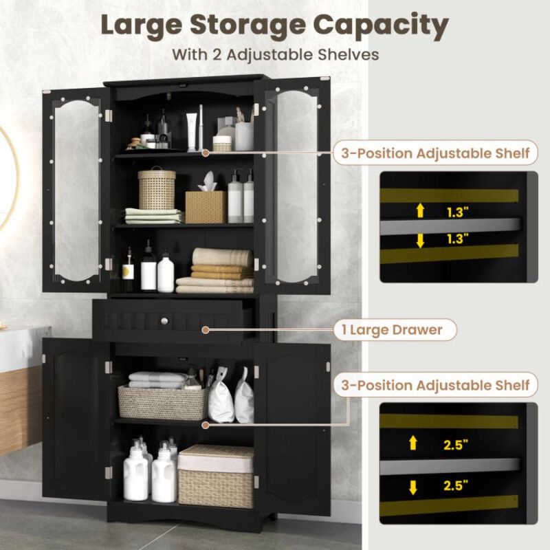 Hivvago Tall Bathroom Storage Cabinet with 2 Glass Doors and Adjustable Shelves Drawer