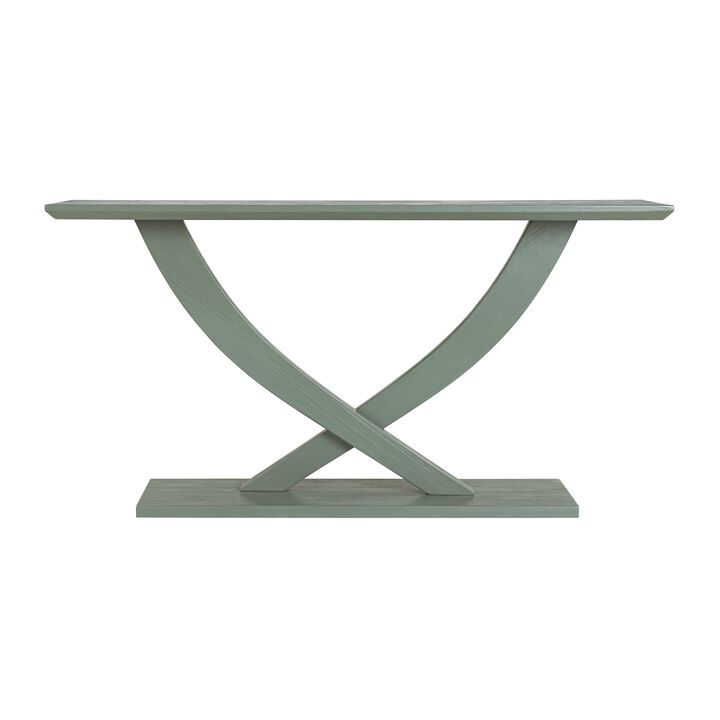 Rase 57 Inch Console Table, Cross Leg Design, Pedestal Base, Gray Green