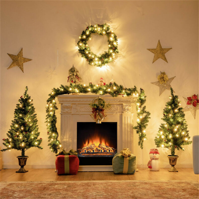 4-Piece Christmas Decoration Set with Pre-Lit Wreath, Garland, and Entrance Trees image number 1