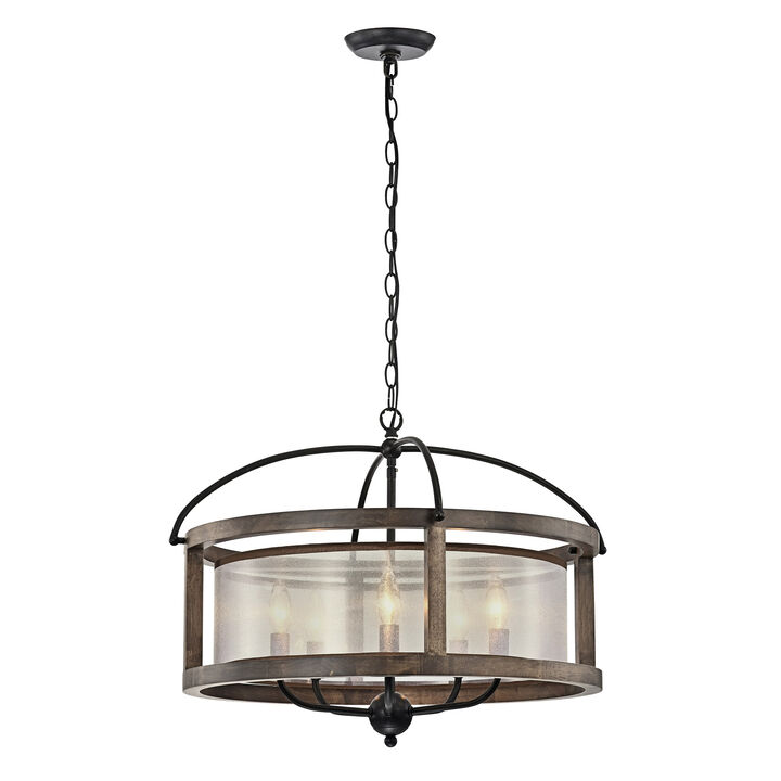 Luna Antique Black Metal Fabric Shade Wood Frame Chandelier