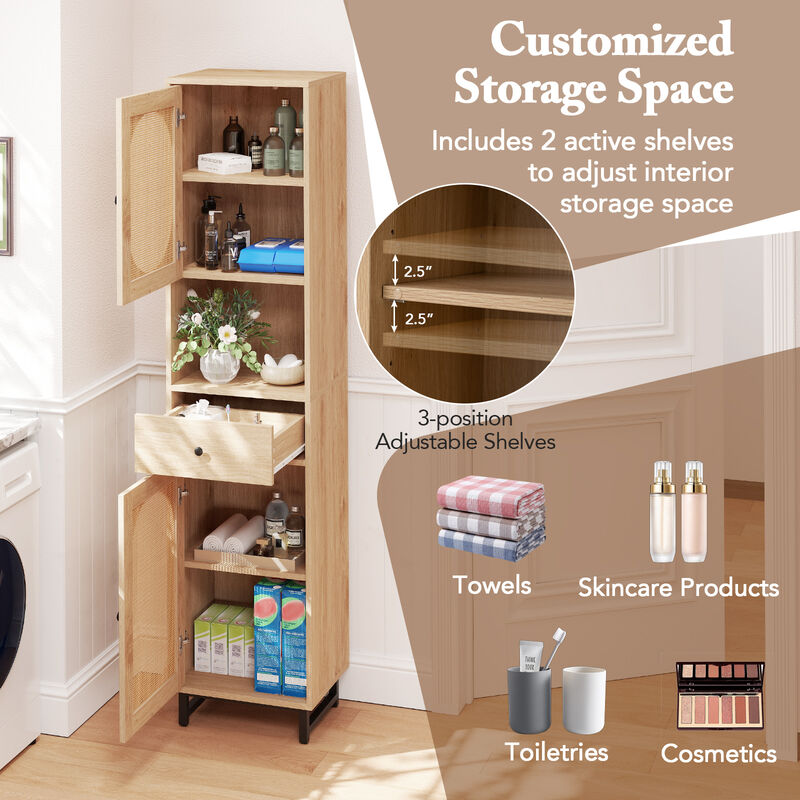 Freestanding Bathroom Storage Cabinet &ndash; Tall 2-Door Unit with PE Rattan Detail