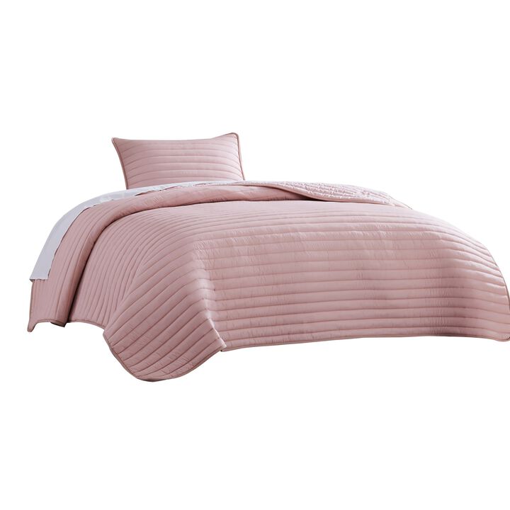 Cabe 2 Piece Twin Comforter Set, Polyester Puffer Channel Quilt, Rose Pink - Benzara