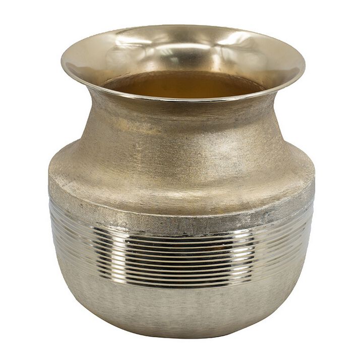 14 Inch Decorative Aluminum Pot, Ribbed Details, Wide Mouth, Gold - Benzara
