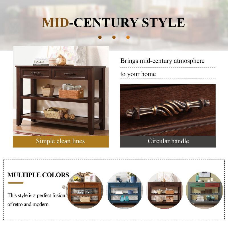 Whisen Mid-Century Style Console Table with Two Storage Drawers and Two Tiers Shelves - Espresso