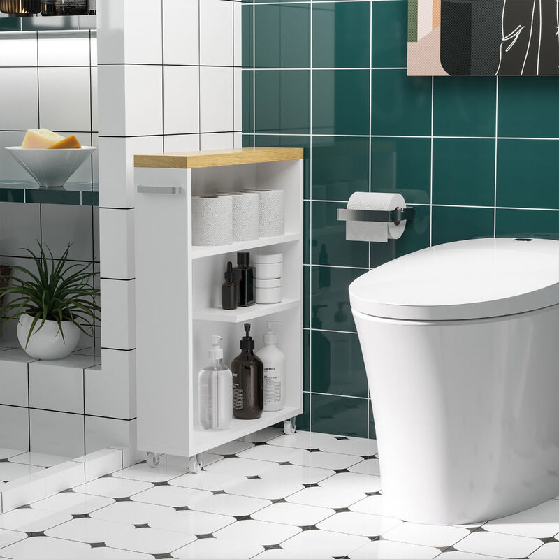 White Bathroom Helper: Slim Rolling Cabinet with Toilet Paper Holder