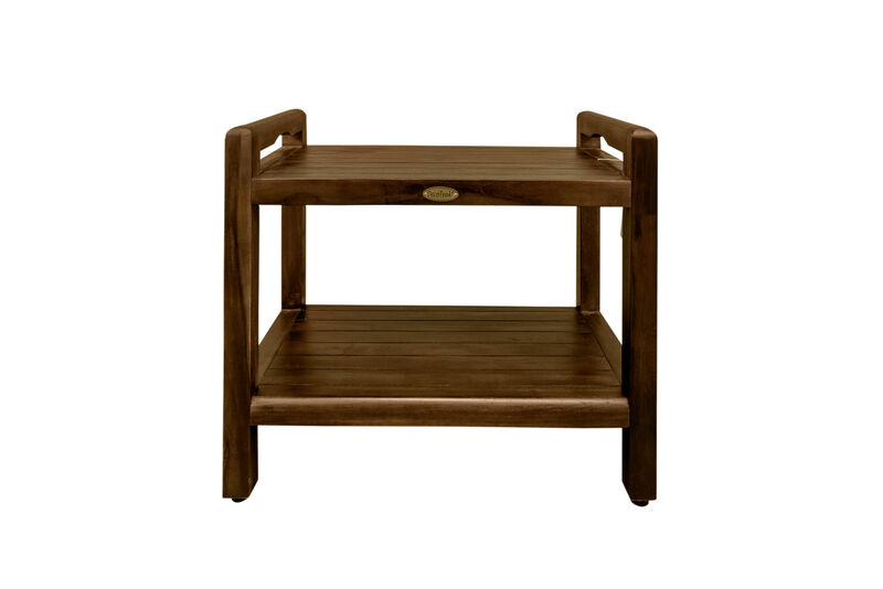 DecoTeak Eleganto 24" Teak Wood Shower Bench with LiftAide Arms and Shelf in Woodland Brown Finish