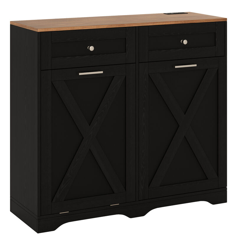 Tilt Out Trash Can Cabinet with Outlets and Adjustable Shelf