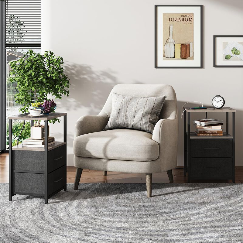 TUTOTAK End Table with Charging Station, Side Table with 2 USB Ports and Outlets, Nightstand with Cloth Drawer, Set of 2, Couch