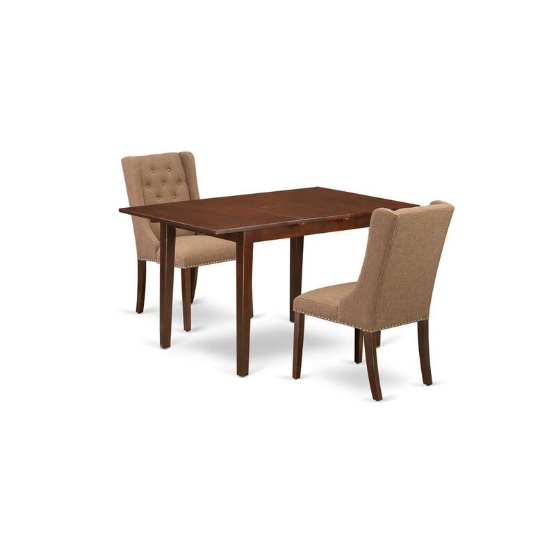 East West Furniture PSFO3-MAH-47 3-Piece Dining Table Set Includes 1 Picasso Butterfly Leaf Kitchen Dining Table and 2 Light Sable Linen Fabric Dining Chair with Button Tufted Back - Mahogany Finish