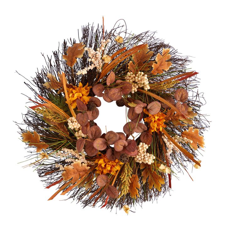 Nearly Natural 22-in Autumn Dahlia and Berries Artificial Fall Wreath