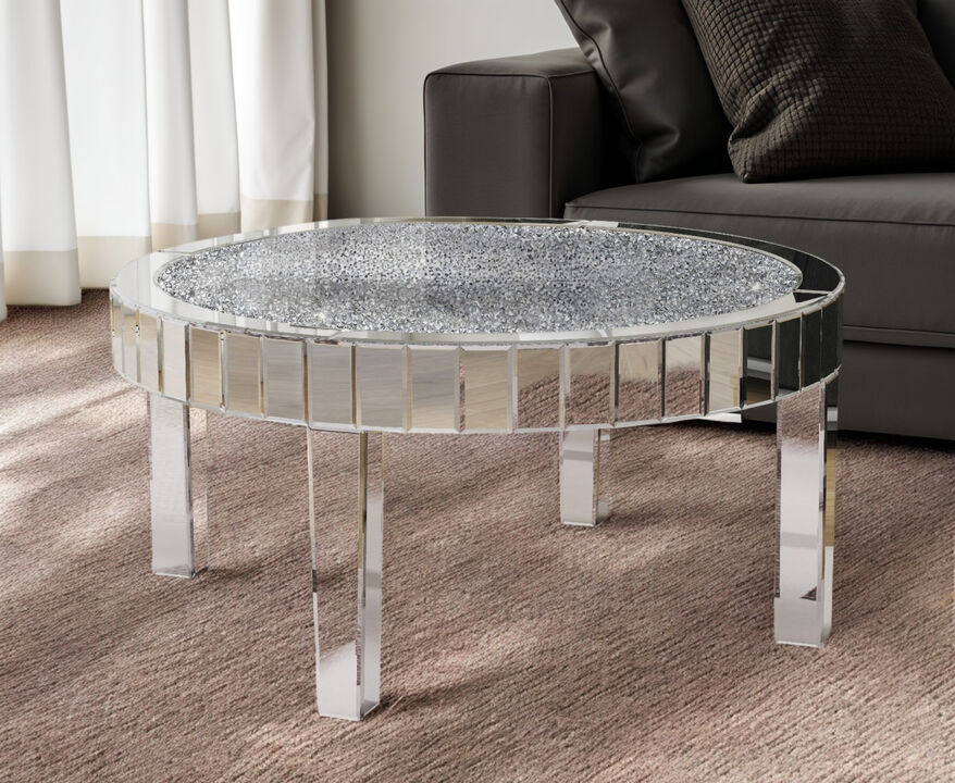 HomeRoots 31" Silver Mirrored Glass and Faux Crystal Round Coffee Table
