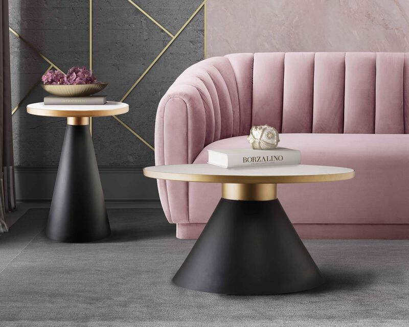 Tov Furniture Richard White Marble Top with Black Conical Metal Base 16" Round Living Room Occasional Table (Side Table) image number 1