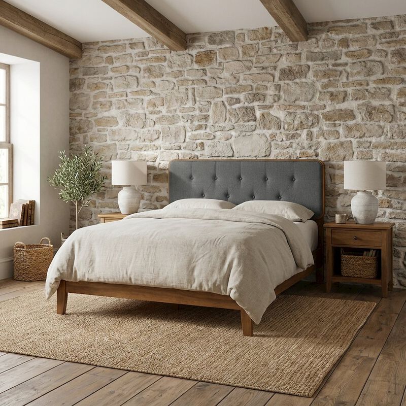 Tufted Fabric Full Headboard with Wood Frame in Neutral Finish image number 2