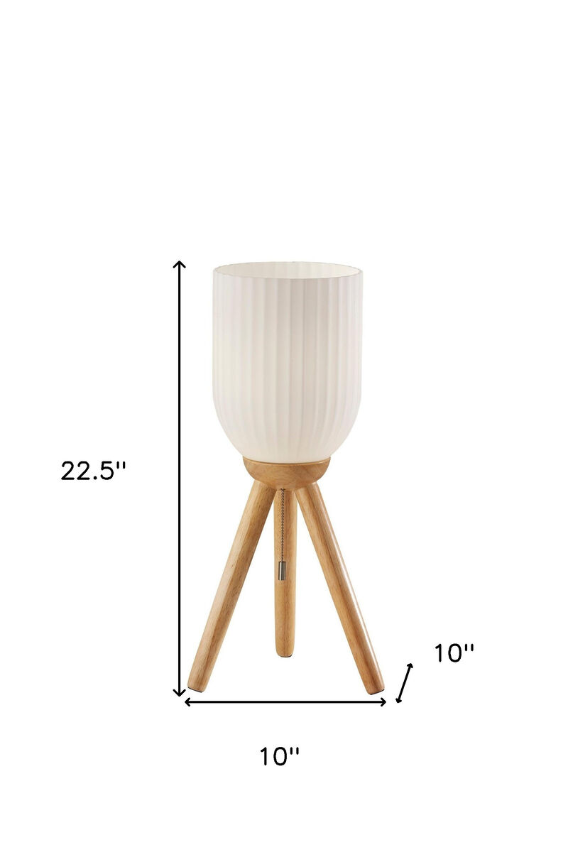 Hivvago 23" Natural Solid Wood Tripod Table Lamp With White Ribbed Glass Shade