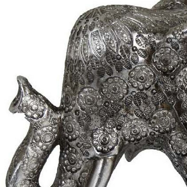 Jery 20 Inch Elephant, Tabletop Decorative Vintage Style Statue, Silver - Benzara