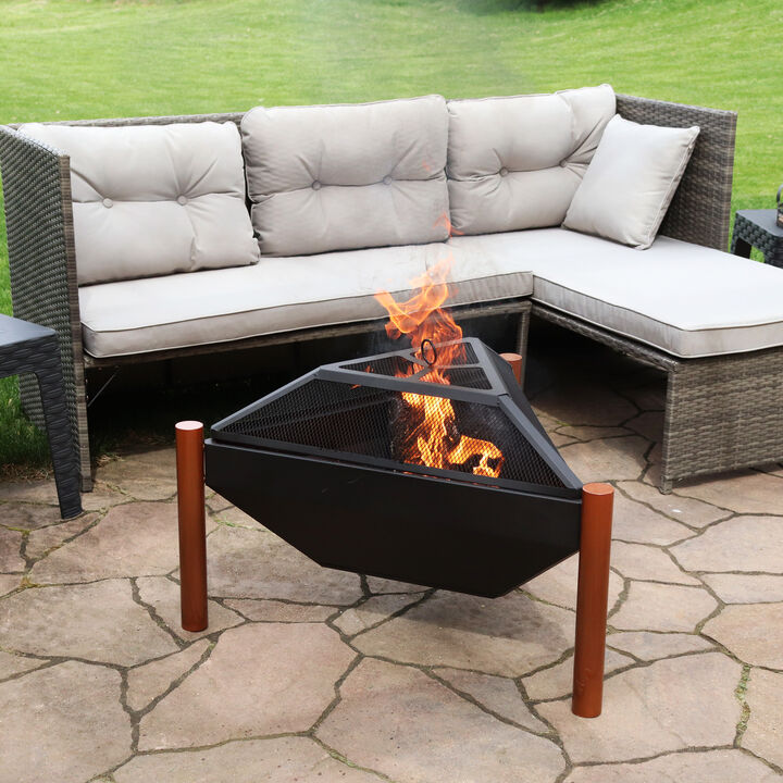 Sunnydaze 31 in Triangle Steel Fire Pit Table with Grate, Poker, and Screen