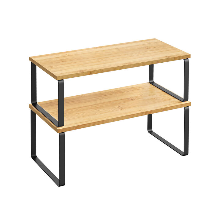 Set of 2 Cabinet Shelf Organizers Stackable, Expandable Metal and Bamboo Kitchen Counter Shelves