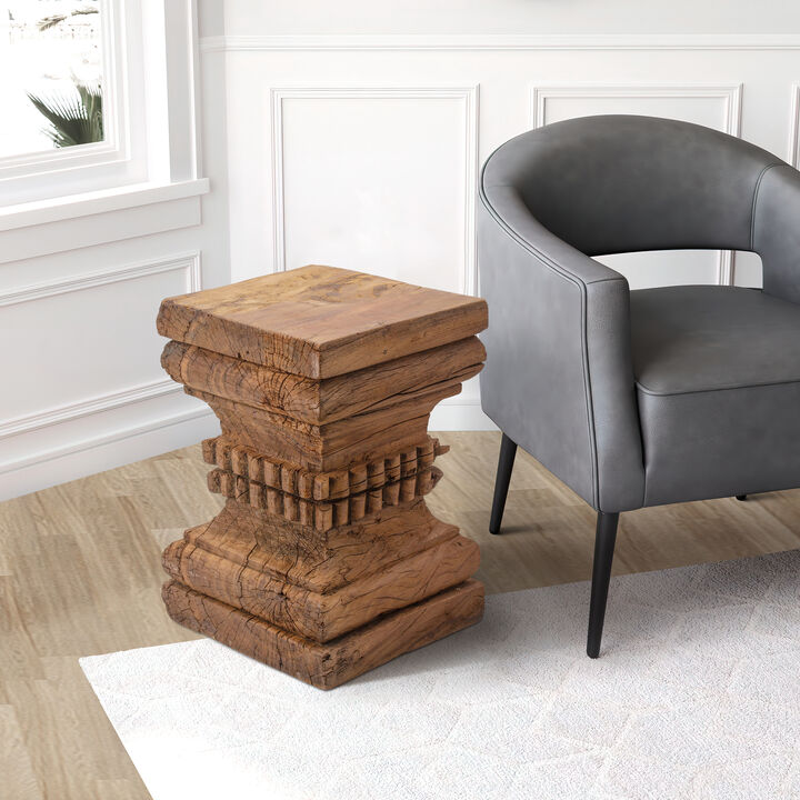 20 Inch Accent Table, Rustic Pillar Pedestal with Scrolled Carvings, Brown