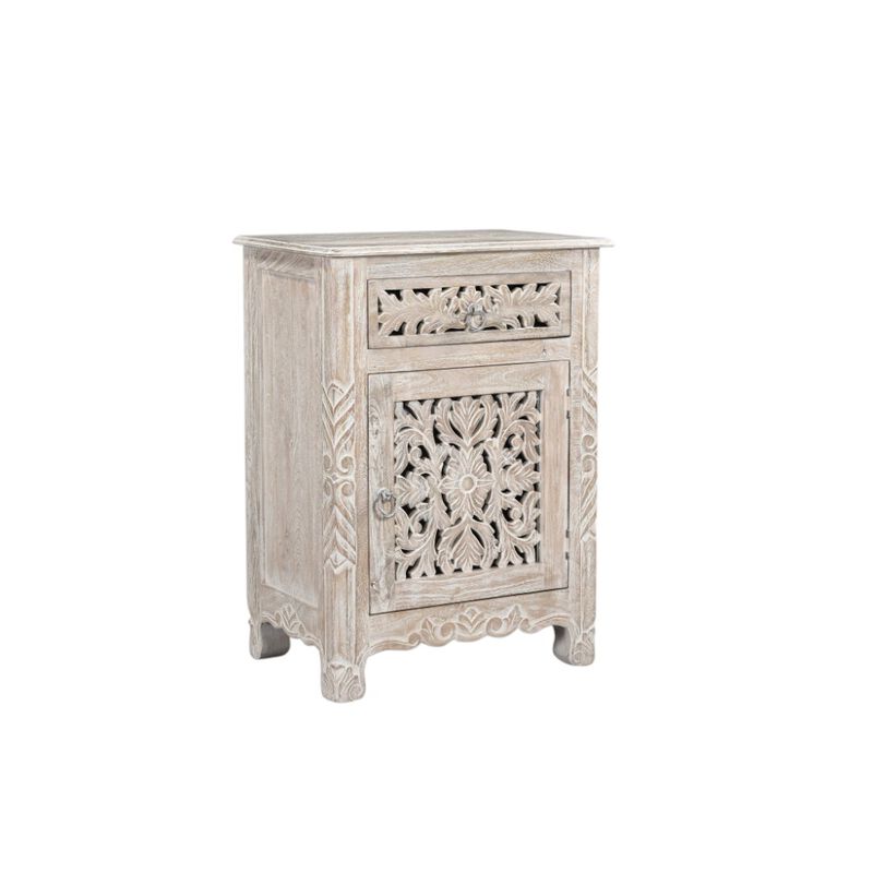 HomeRoots 30" Distressed White One Drawer Carved Floral Solid Wood Nightstand image number 2