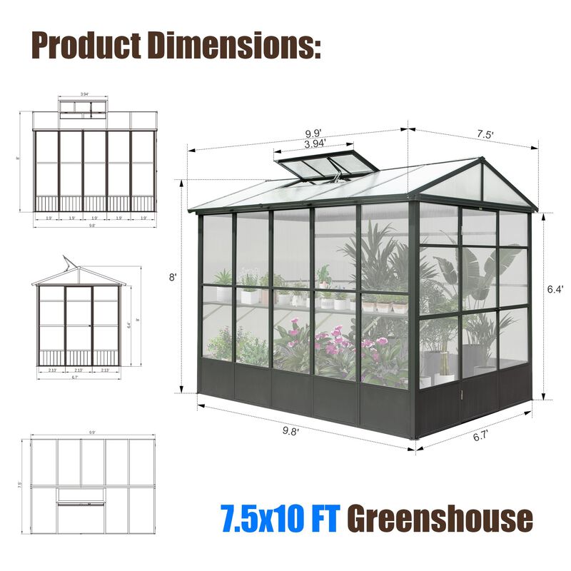 Mondawe 7.5 x 10 FT Polycarbonate Greenhouse, Outdoor Full Aluminum Heavy Duty Greenhouse with Extra 8FT Walk-in Height image number 8