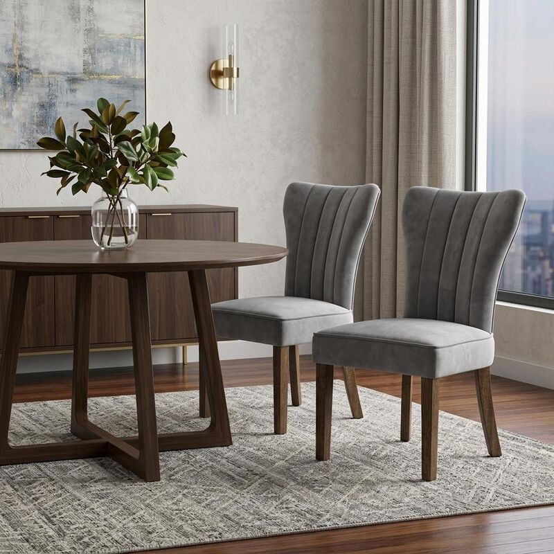 HomeRoots Set of Two Gray And Brown Upholstered Velvet Dining Parsons Chairs image number 1