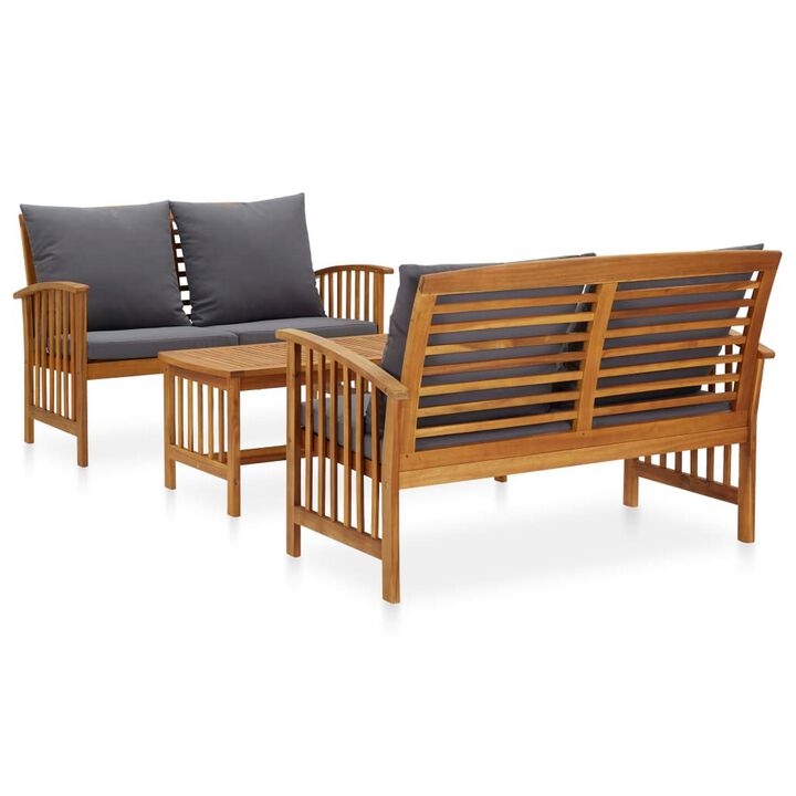 Mia 3pc Outdoor Loveseat Bench and Coffee Table Set, Gray, Acacia Wood - Benzara