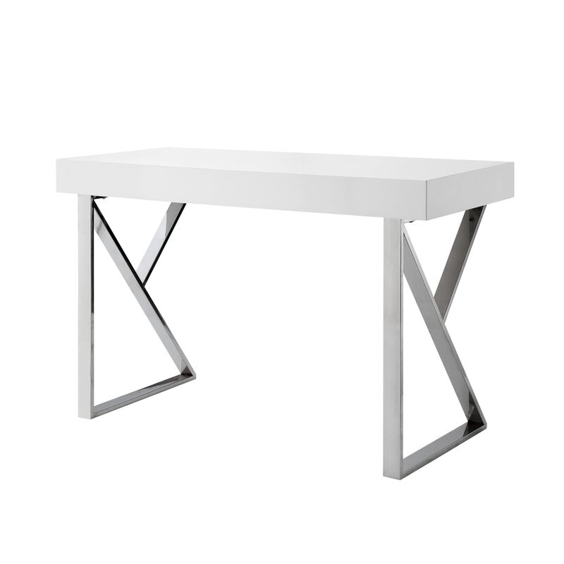 Inspired Home Octavia High Gloss Desk with Polished Stainless Steel Base