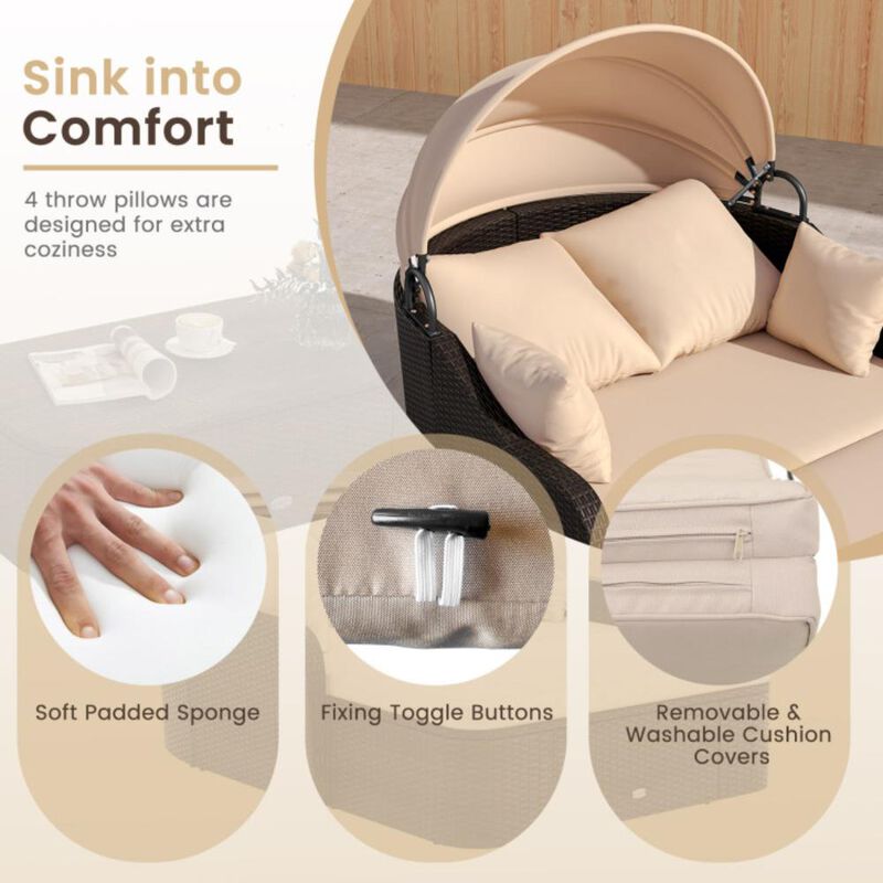 Hivvago Patio PE Rattan Daybed with Retractable Canopy and Soft Cushions