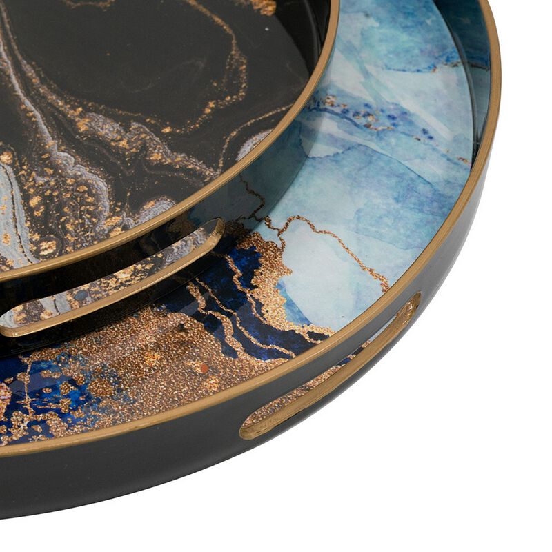 Set of 2 Round Decorative Trays, Tall Rims, Faux Marble, Blue, Gold - Benzara