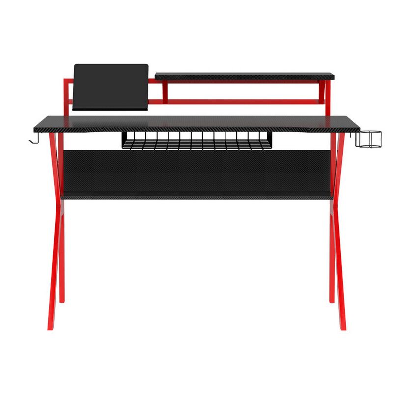 PVC Coated Ergonomic Metal Frame Gaming Desk, Black and Red-Benzara
