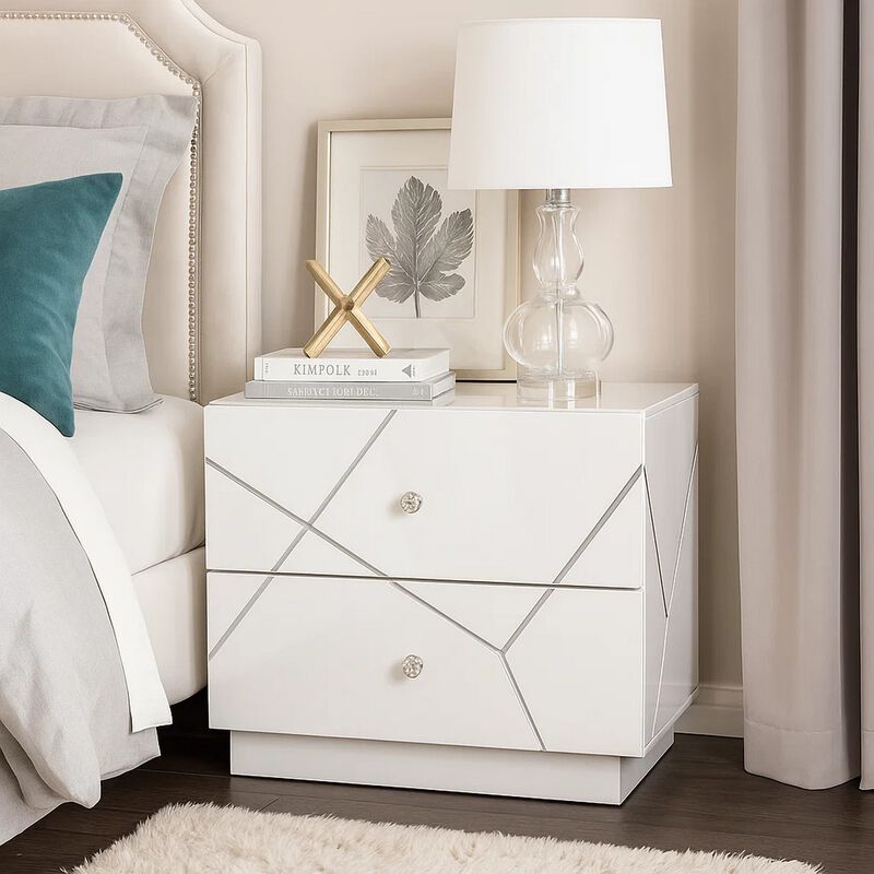 Esy Nightstand, 2 Drawers with Crystal Knobs, White Carved Pattern image number 6