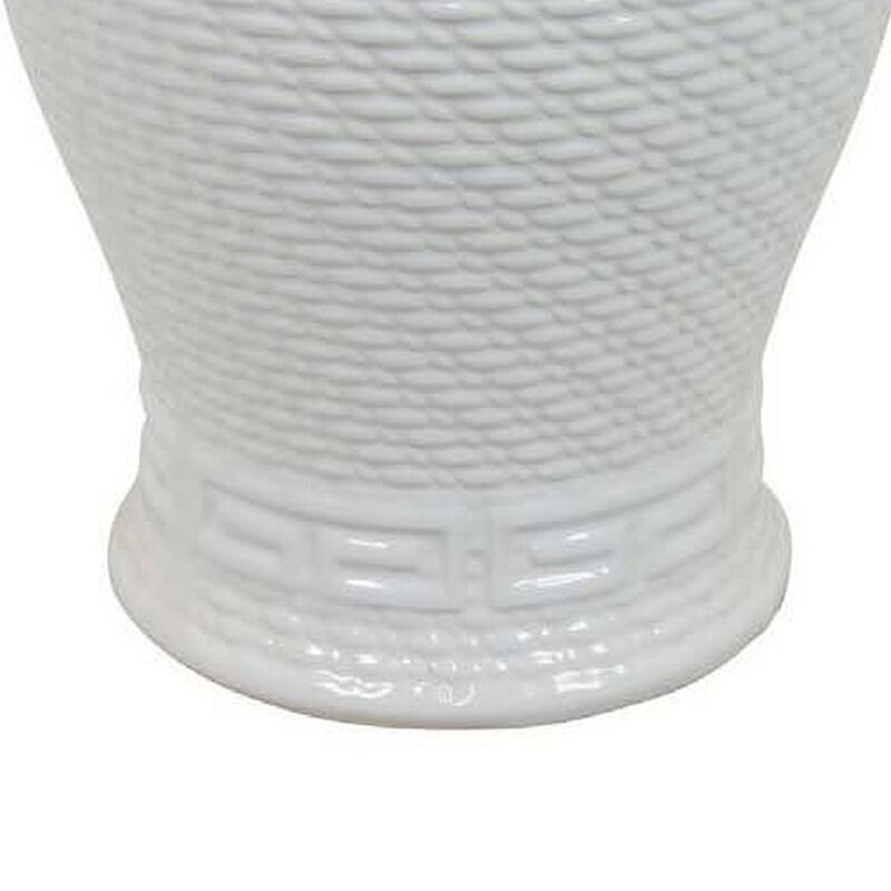 Bryan 18 Inch Ceramic Temple Jar, Geometric Print, Finial Top, White - Benzara