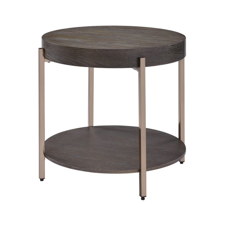 Wood and Metal End Table with 1 Shelf, Brown and Champagne-Benzara
