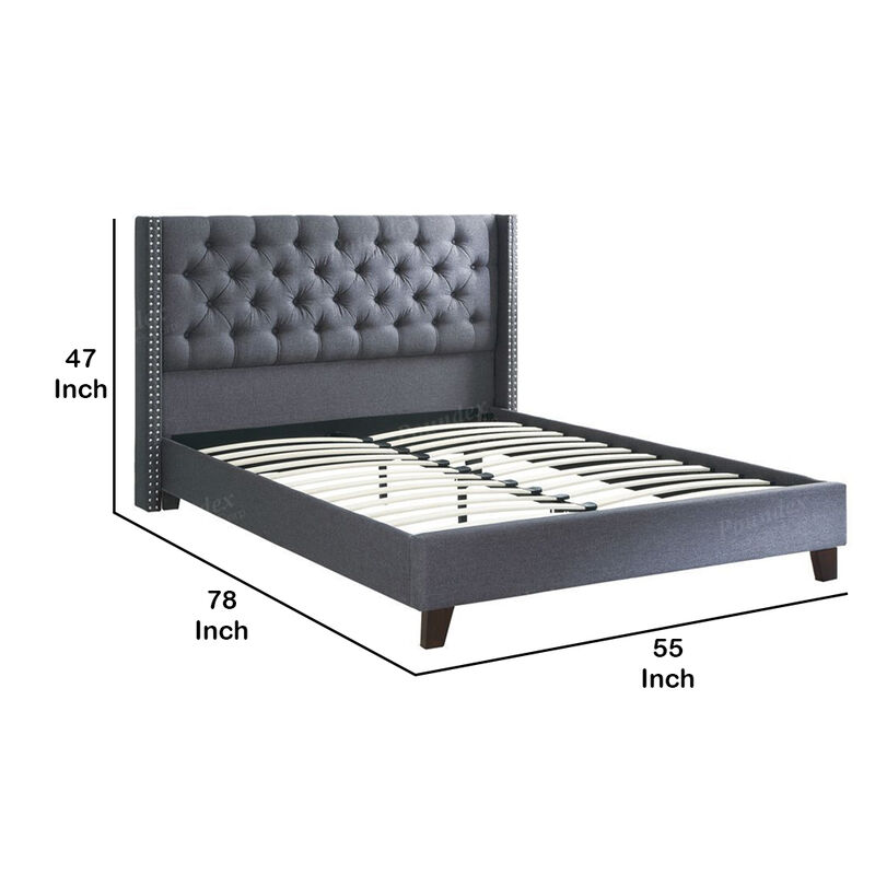 Polyfiber Upholstered Queen Size Bed Featuring Nail head Trim Blue Gray - Benzara