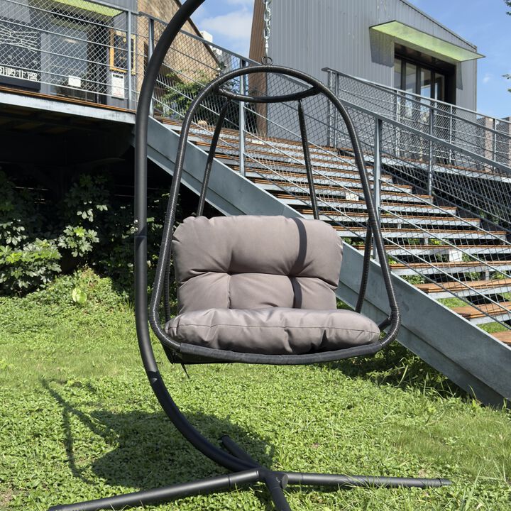 WOW PIONEER Swing Egg Chair with Stand - Indoor Outdoor Wicker Rattan Patio Basket Hanging Chair, Foldable Design with Cushion Pillow and Built-in Cup Holder, 350lb Capacity