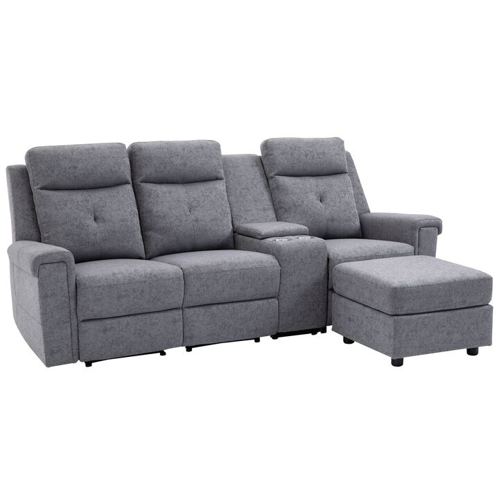 Modern L-Shaped Couch Manual Recliner with Pull-Out Ring Reclining Sectional with Chaise 3 Seater L-Shaped Sofa with Cup Holders - Grey